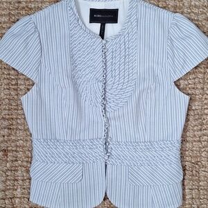 Cropped, striped jacket by BCBG MaxAzria featuring ruffled detailing and button